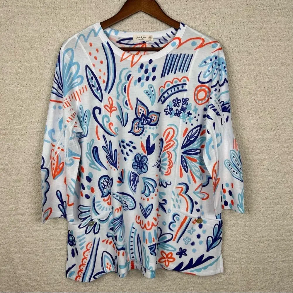 Jess & Jane Womens Top M Blue White Floral Viva Bulgari Tunic With Patch Pockets - Picture 1 of 7